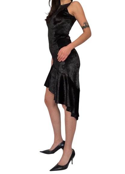 Handmade Asymmetrical Etui Dress with Volants and Hocks Made Of Velvet