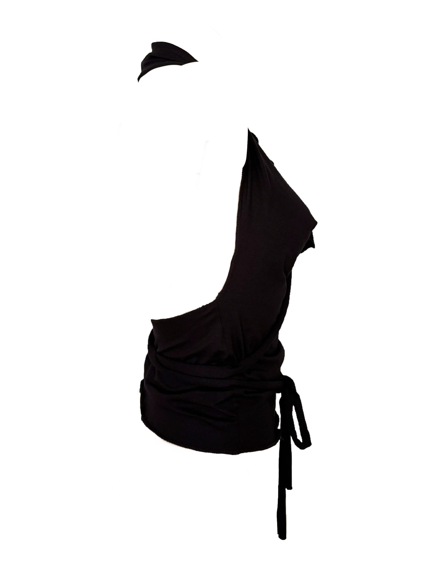 Handmade Viscose Halter Top With Waterfall Collar, Super Long Cords And Huge Eyelets - Black