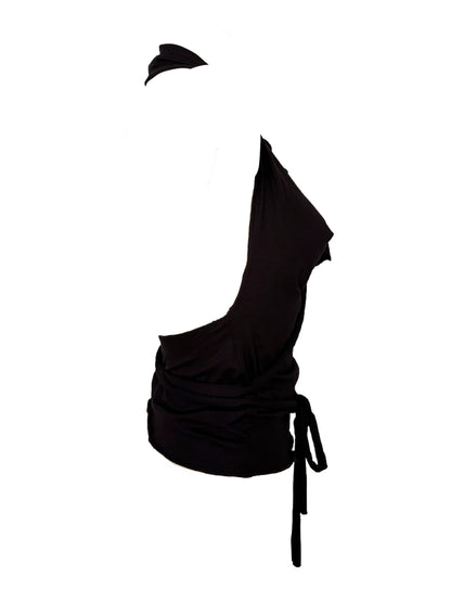 Handmade Viscose Halter Top With Waterfall Collar, Super Long Cords And Huge Eyelets - Black