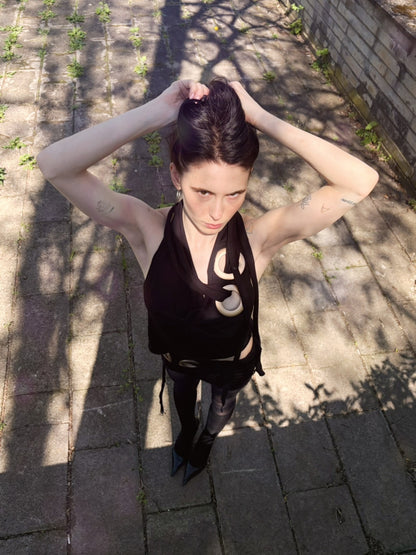 Handmade Viscose Set - Neckholder Waterfall Collar Top and Layered Miniskirt; Super Long Cords And Extra Large Eyelets - Black