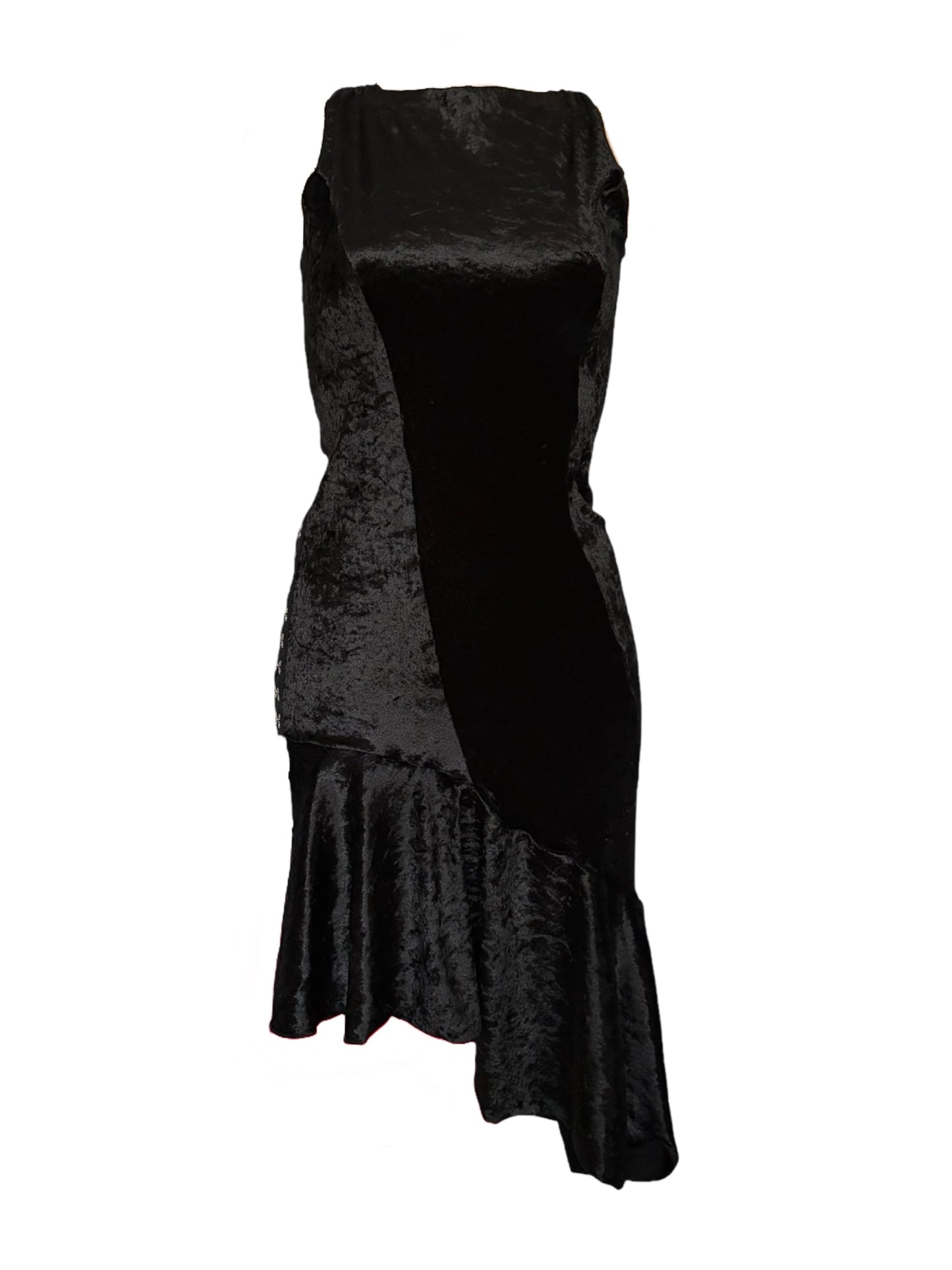 Handmade Asymmetrical Etui Dress with Volants and Hocks Made Of Velvet