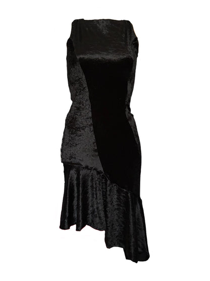 Handmade Asymmetrical Etui Dress with Volants and Hocks Made Of Velvet
