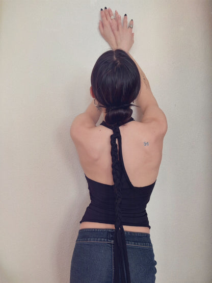 Handmade Neckholder Tanktop with Super Long Braided Cords Made Of Cotton - Black