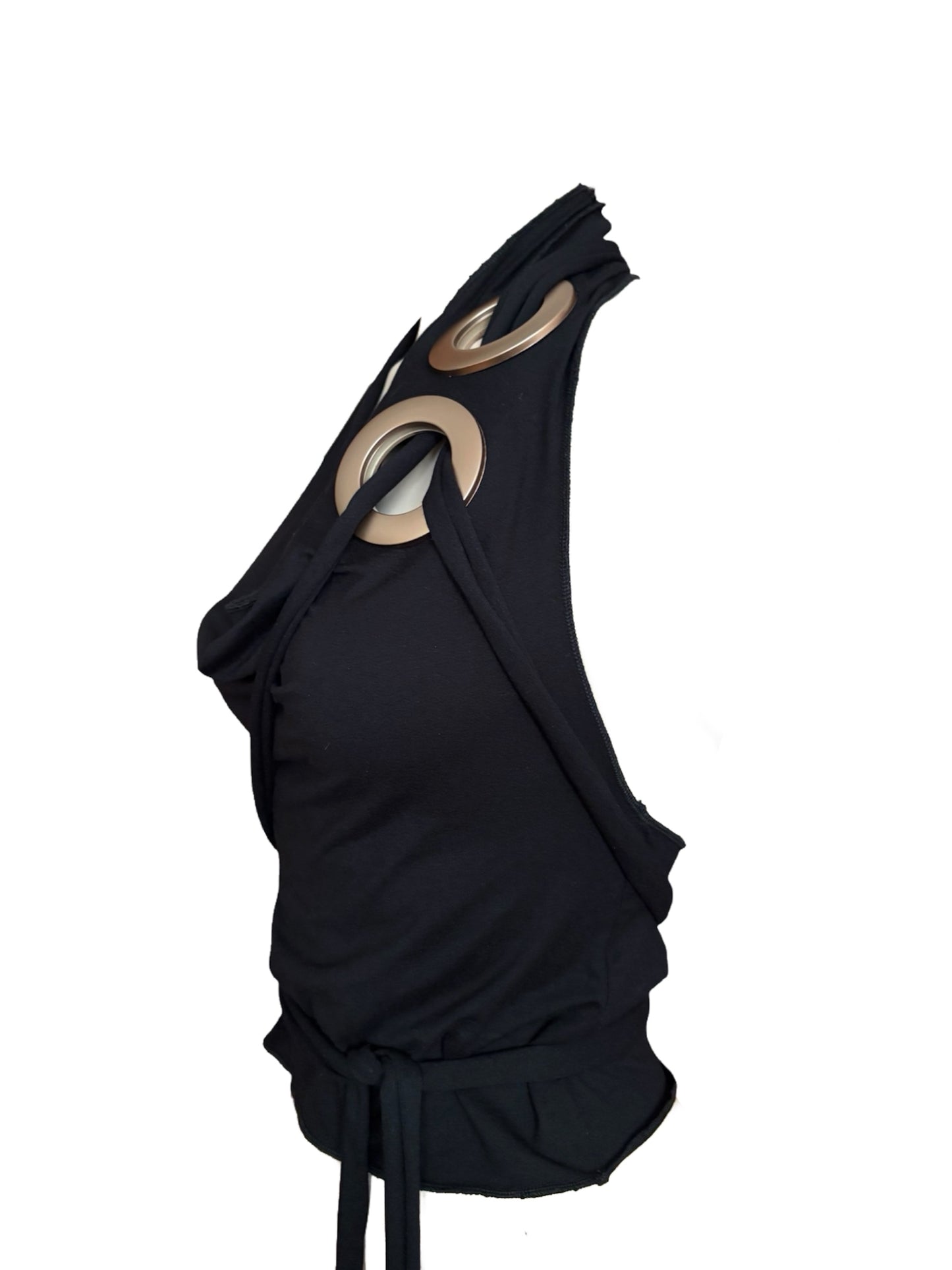Handmade Viscose Set - Neckholder Waterfall Collar Top and Layered Miniskirt; Super Long Cords And Extra Large Eyelets - Black
