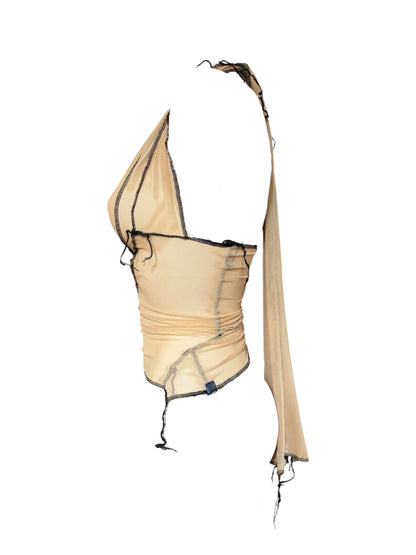 Handmade Destructive Halter Top To Tie Nylon Mesh With Overlock Seams and Baseball Stitches - Nude / Black
