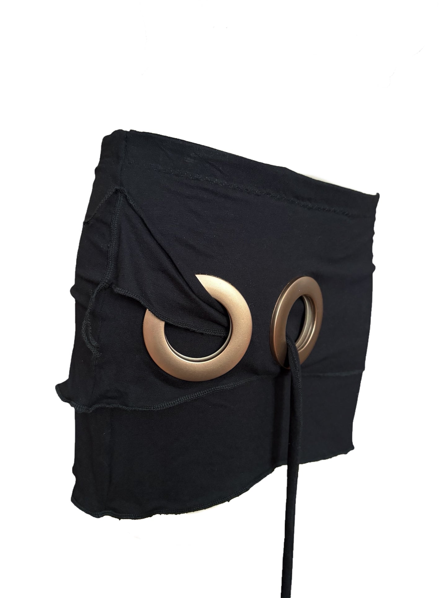 Handmade Viscose Set - Neckholder Waterfall Collar Top and Layered Miniskirt; Super Long Cords And Extra Large Eyelets - Black
