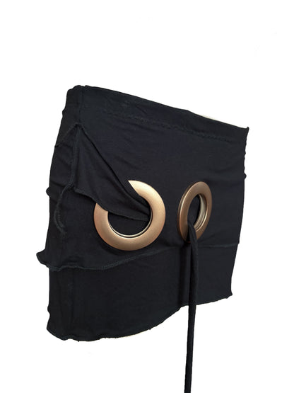 Handmade Viscose Set - Neckholder Waterfall Collar Top and Layered Miniskirt; Super Long Cords And Extra Large Eyelets - Black