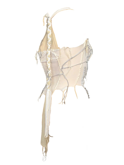 Handmade Destructive Corsage Top Nylon Mesh With Overlock Seams and Super Long Braided Strap - White / Creme
