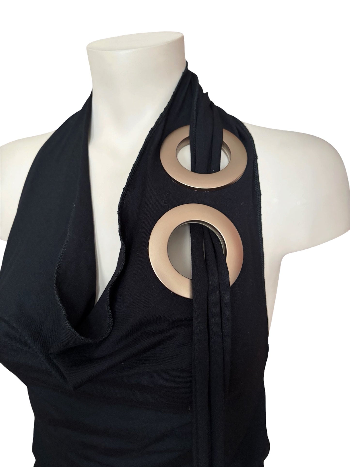 Handmade Viscose Set - Neckholder Waterfall Collar Top and Layered Miniskirt; Super Long Cords And Extra Large Eyelets - Black