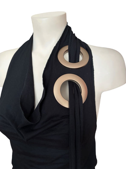 Handmade Viscose Set - Neckholder Waterfall Collar Top and Layered Miniskirt; Super Long Cords And Extra Large Eyelets - Black