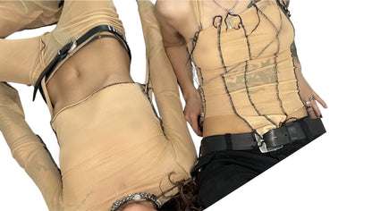 Handmade Destructive Corsage Top Nylon Mesh With Overlock Seams and Baseball Stitches - Nude / Black