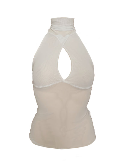 Handmade Melancholic Wrap Over Mesh Neckholder Tank Top Shirt Turtleneck - White