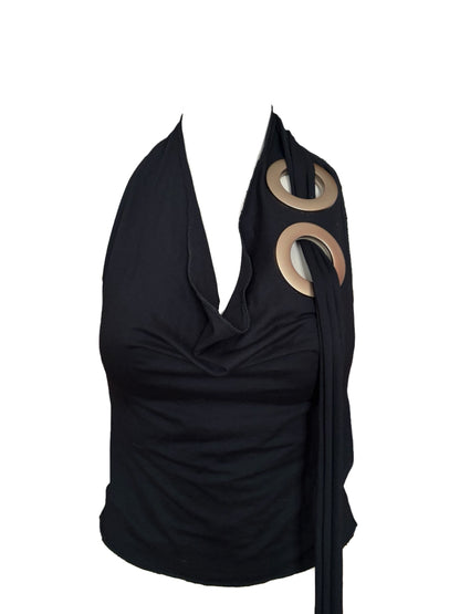 Handmade Viscose Set - Neckholder Waterfall Collar Top and Layered Miniskirt; Super Long Cords And Extra Large Eyelets - Black