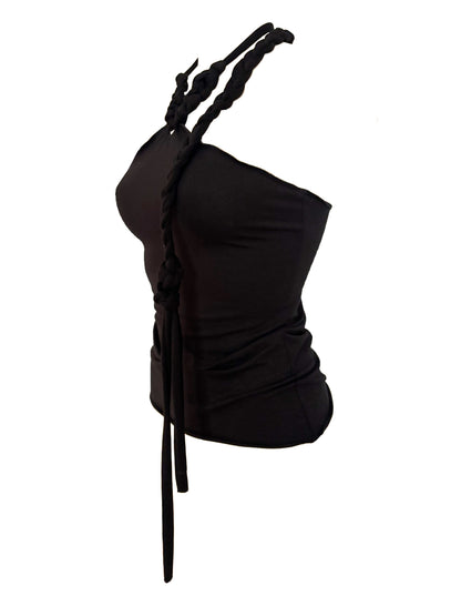 Handmade Neckholder Tanktop with Super Long Braided Cords Made Of Cotton - Black