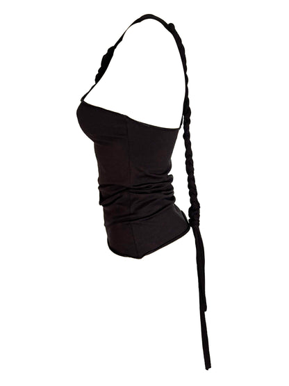 Handmade Neckholder Tanktop with Super Long Braided Cords Made Of Cotton - Black