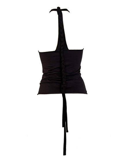 Handmade Neckholder Tanktop with Super Long Braided Cords Made Of Cotton - Black