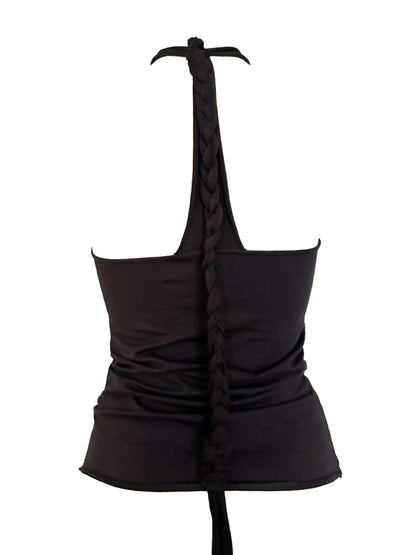 Handmade Neckholder Tanktop with Super Long Braided Cords Made Of Cotton - Black