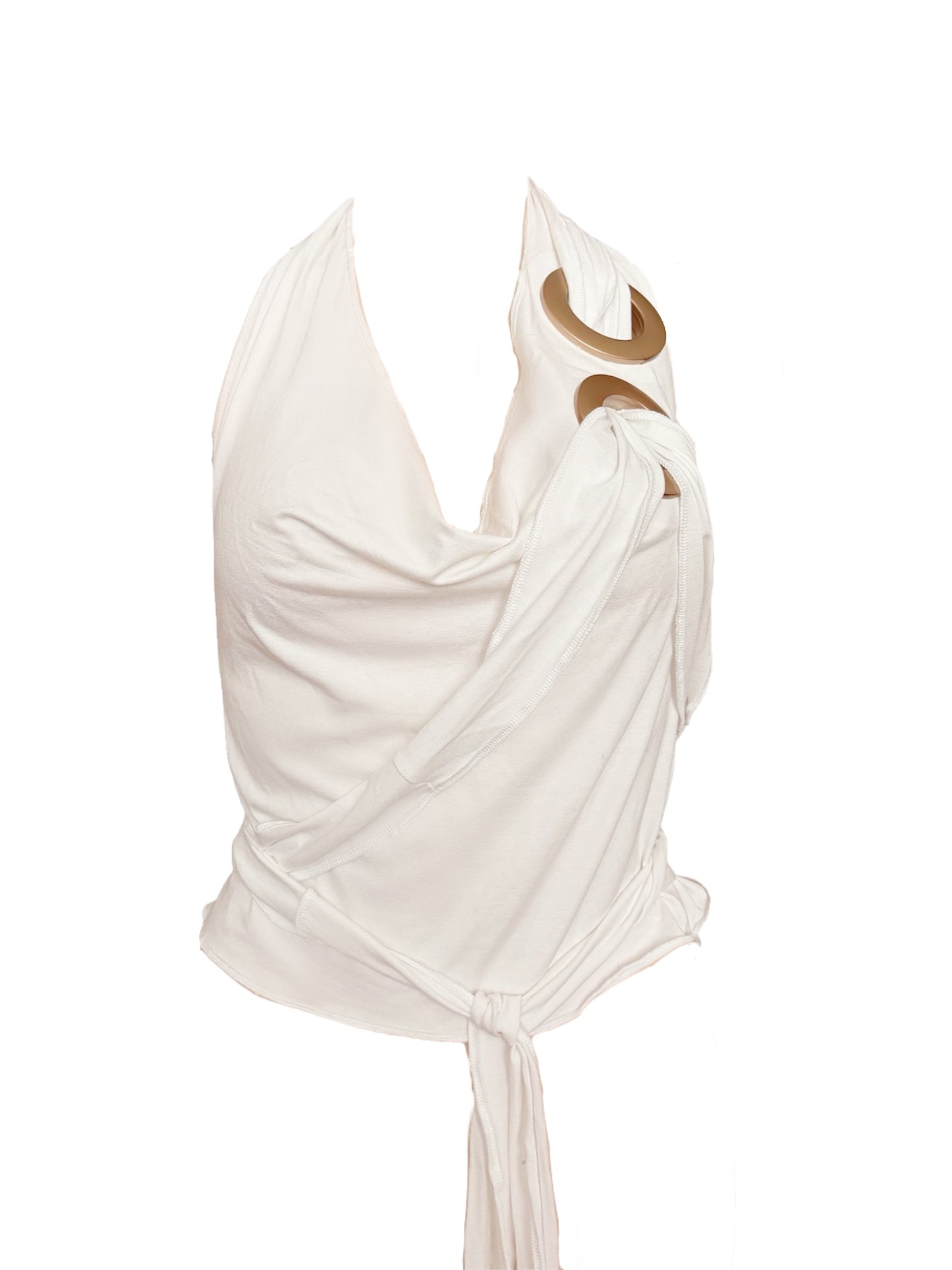 Handmade Neckholder Waterfall Collar Top; Super Long Cords And Extra Large Eyelets - White