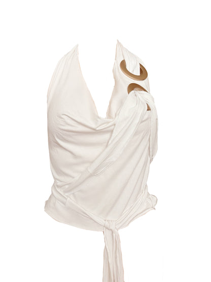 Handmade Neckholder Waterfall Collar Top; Super Long Cords And Extra Large Eyelets - White
