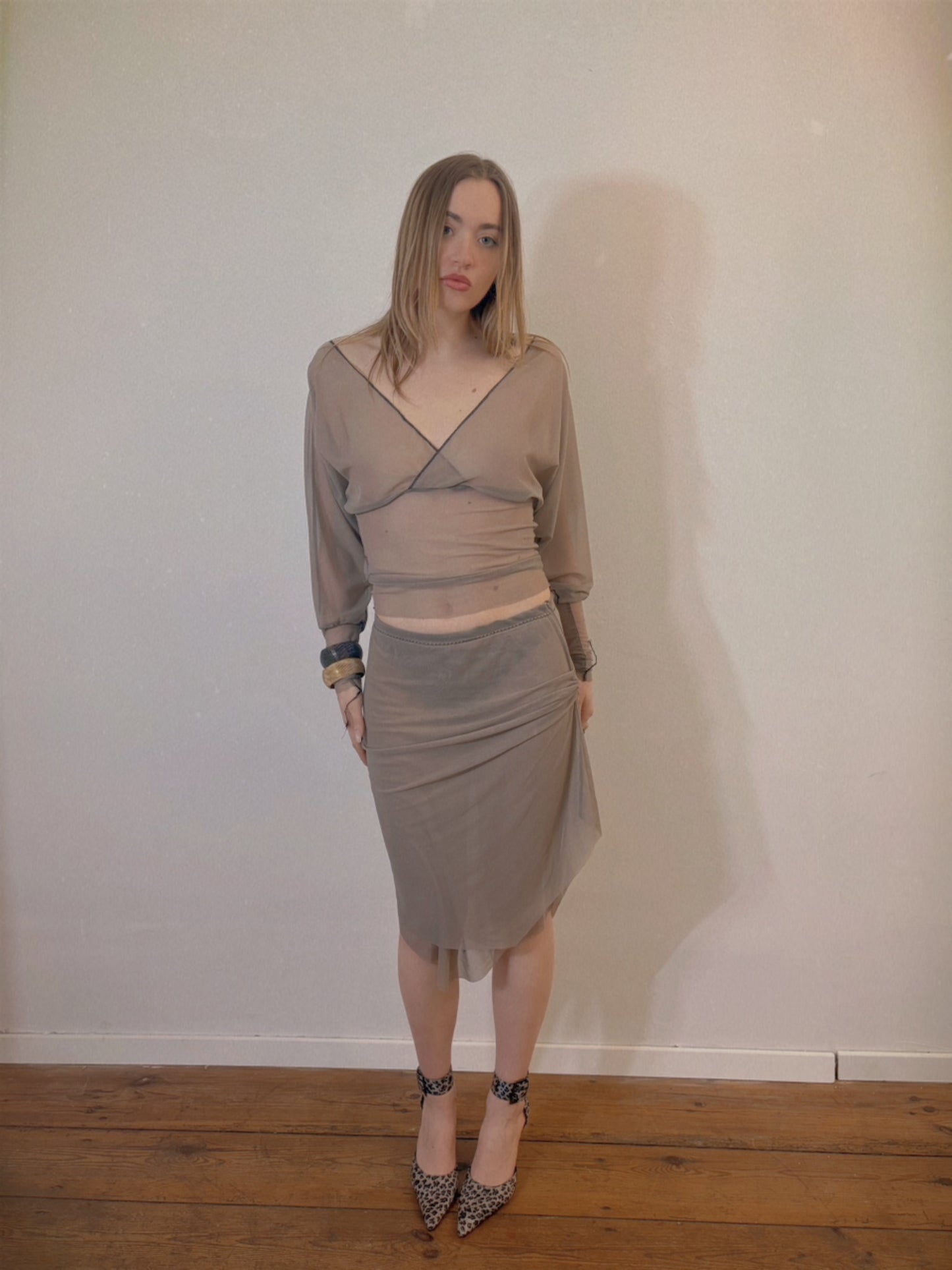 Handmade Asymmetrical Draped Avantgarde Double Layered Mesh Midi Skirt
