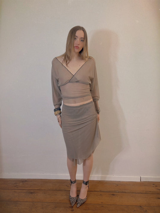Handmade Asymmetrical Draped Avantgarde Double Layered Mesh Midi Skirt