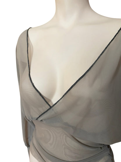Handmade Super Fine Transparent Mesh Blouse With Batwing Sleeves, Overlock Seams & Fake Wrap Collar Detail - Taupe