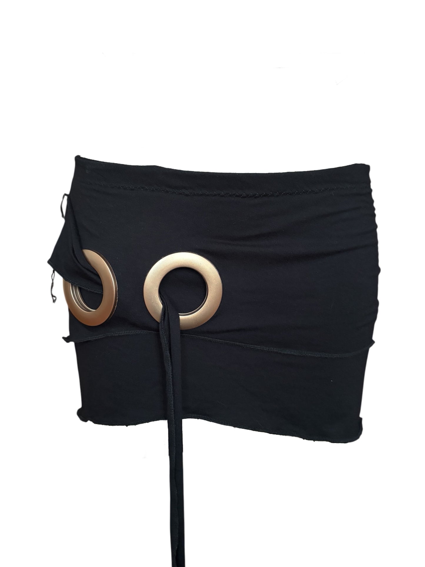 Handmade Viscose Set - Neckholder Waterfall Collar Top and Layered Miniskirt; Super Long Cords And Extra Large Eyelets - Black