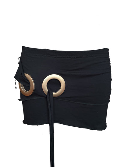Handmade Viscose Set - Neckholder Waterfall Collar Top and Layered Miniskirt; Super Long Cords And Extra Large Eyelets - Black