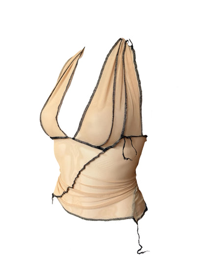 Handmade Destructive Halter Top To Tie Nylon Mesh With Overlock Seams and Baseball Stitches - Nude / Black