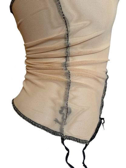 Handmade Destructive Halter Top To Tie Nylon Mesh With Overlock Seams and Baseball Stitches - Nude / Black