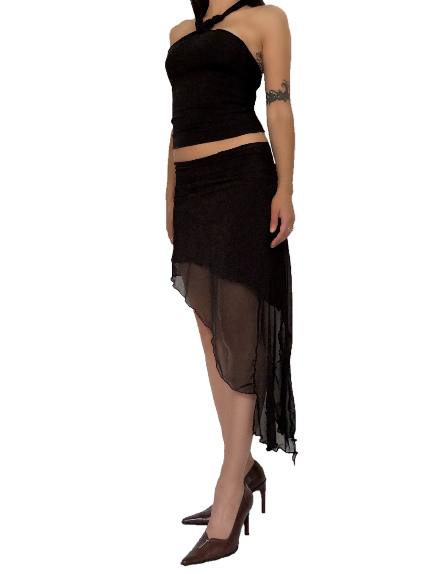 Handmade Melancholic Asymmetrical Midi Skirt With Cotton Underskirt and Mesh Skirt Of Different Lengths On Top