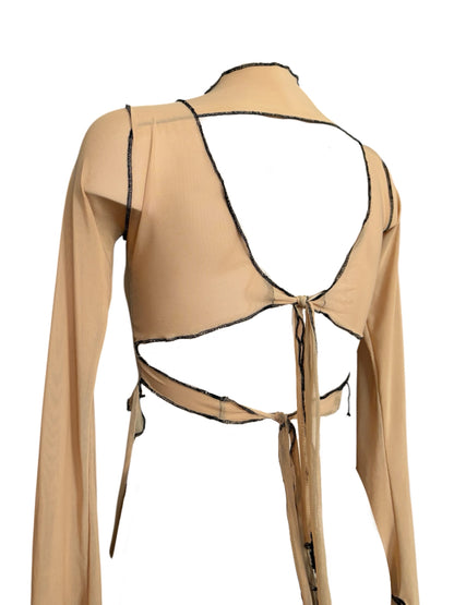Handmade Destructive Longsleeve Blouse To Tie Nylon Mesh With Overlock Seams - Nude / Black