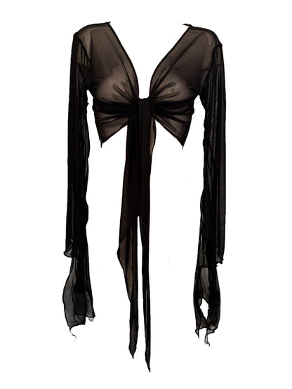 Handmade Melancholic Ballerina Mesh Cardigan Transparent Reversible Wrap Over Blouse - Black