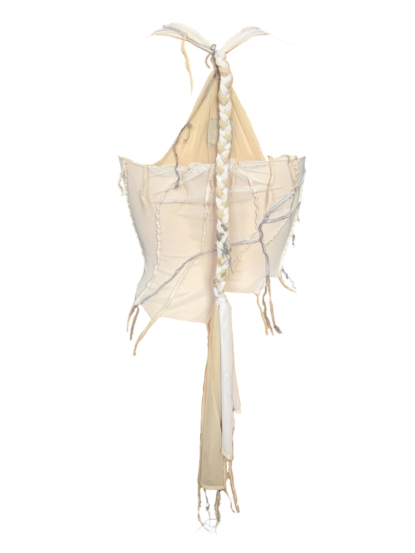 Handmade Destructive Corsage Top Nylon Mesh With Overlock Seams and Super Long Braided Strap - White / Creme