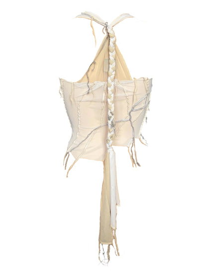 Handmade Destructive Corsage Top Nylon Mesh With Overlock Seams and Super Long Braided Strap - White / Creme