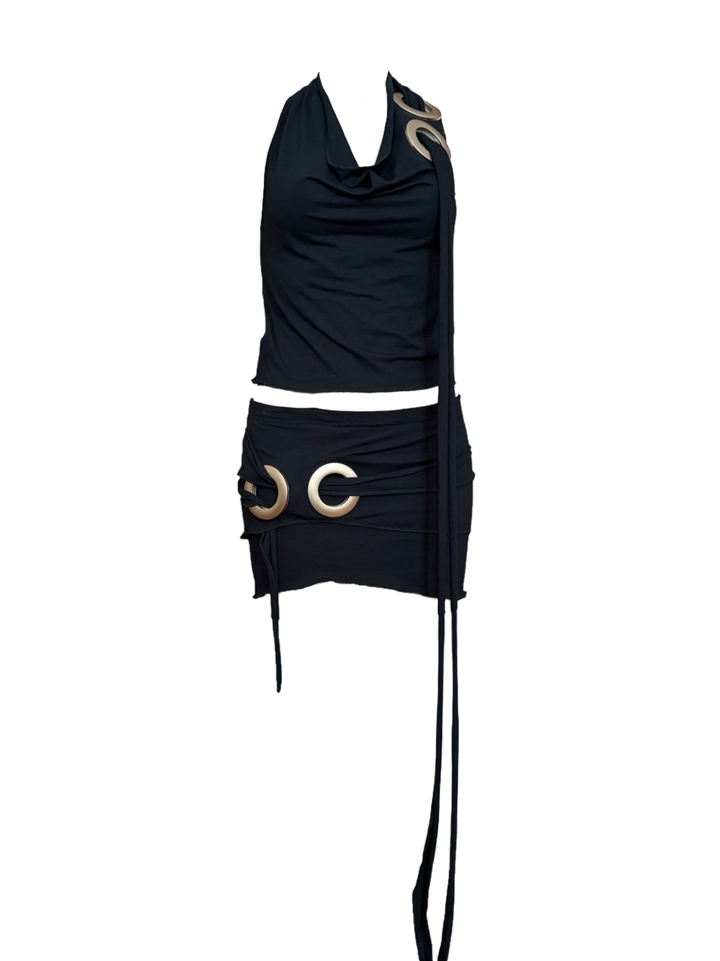 Handmade Viscose Set - Neckholder Waterfall Collar Top and Layered Miniskirt; Super Long Cords And Extra Large Eyelets - Black