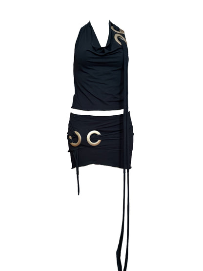 Handmade Viscose Set - Neckholder Waterfall Collar Top and Layered Miniskirt; Super Long Cords And Extra Large Eyelets - Black