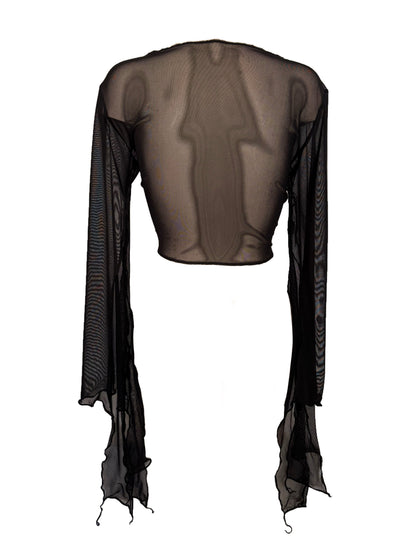 Handmade Melancholic Ballerina Mesh Cardigan Transparent Reversible Wrap Over Blouse - Black
