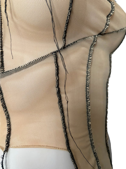 Handmade Destructive Corsage Top Nylon Mesh With Overlock Seams and Baseball Stitches - Nude / Black