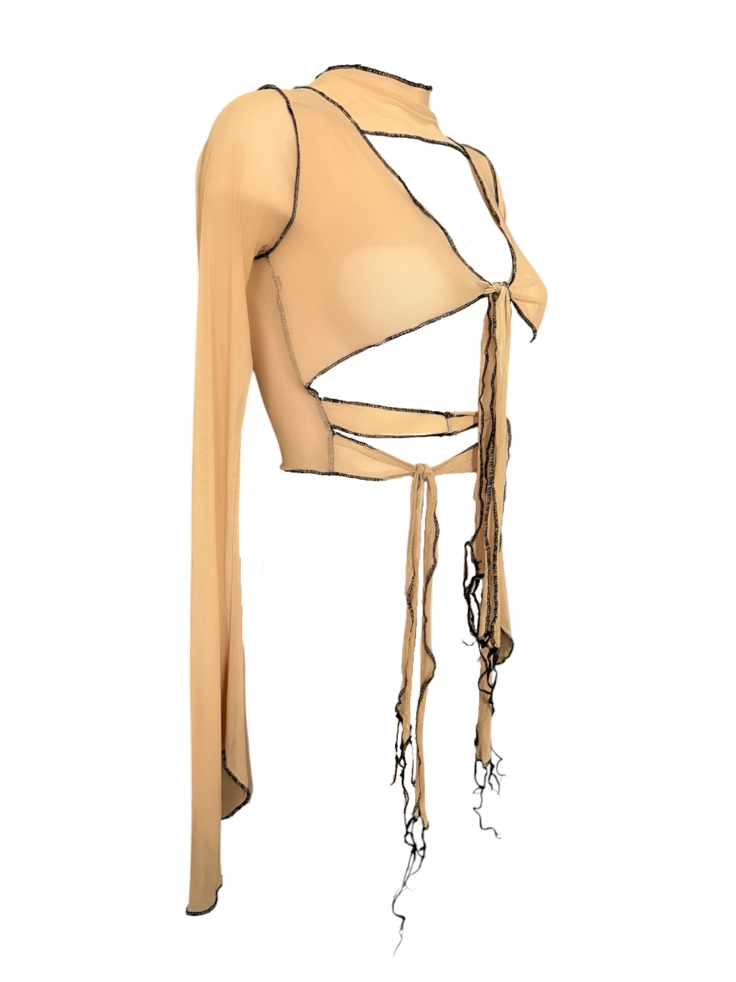 Handmade Destructive Longsleeve Blouse To Tie Nylon Mesh With Overlock Seams - Nude / Black