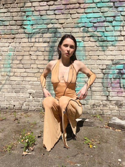 Handmade Destructive Bootcut Pants With Slit Nylon Mesh With Overlock Seams and Baseball Stitches - Nude / Black