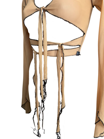 Handmade Destructive Longsleeve Blouse To Tie Nylon Mesh With Overlock Seams - Nude / Black