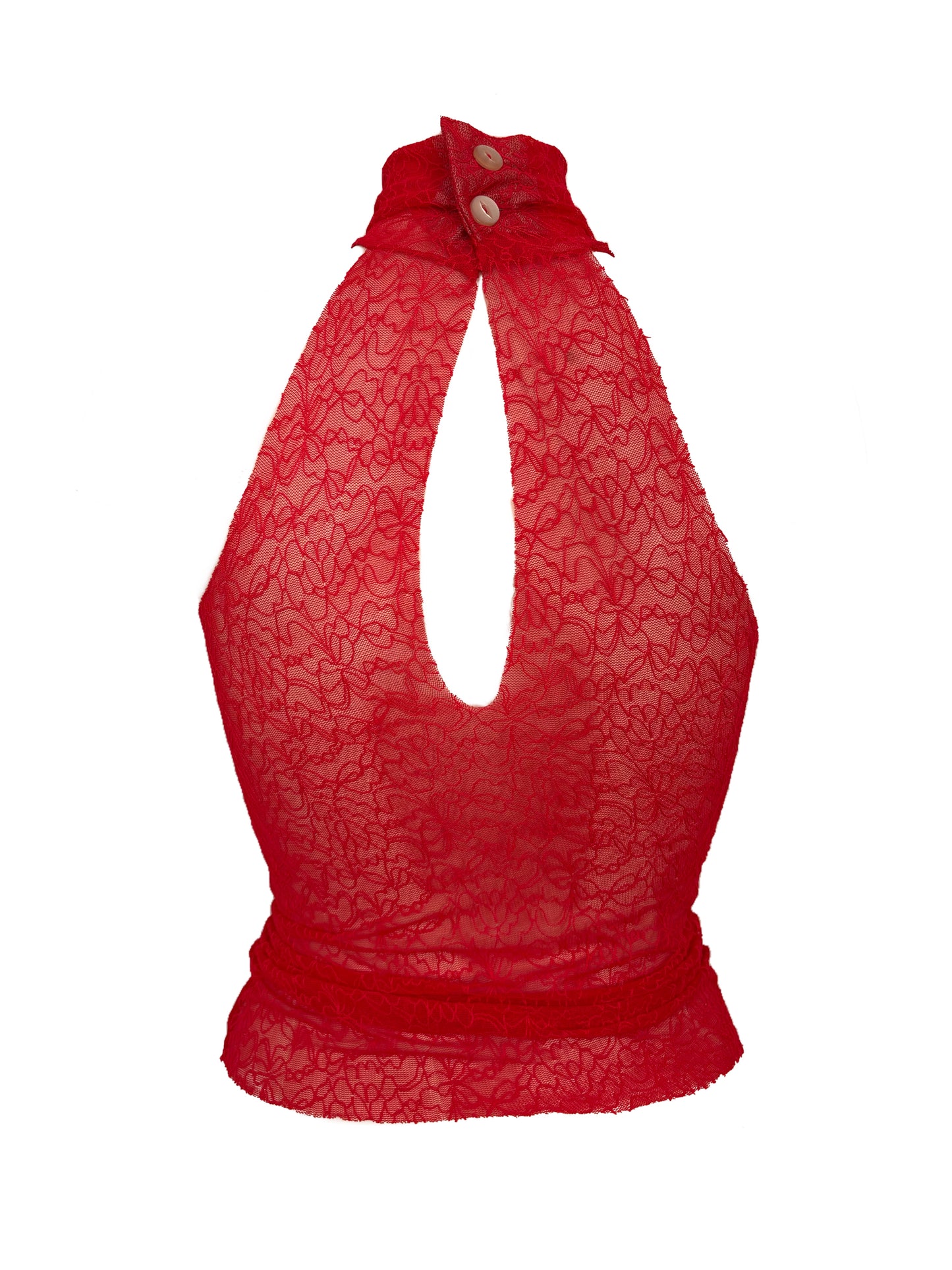 Handmade Melancholic Lace Mesh Neckholder Tank Top With Turtleneck - Red