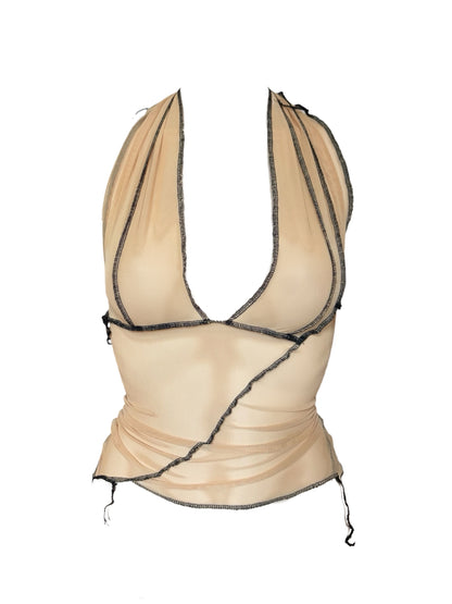 Handmade Destructive Halter Top To Tie Nylon Mesh With Overlock Seams and Baseball Stitches - Nude / Black