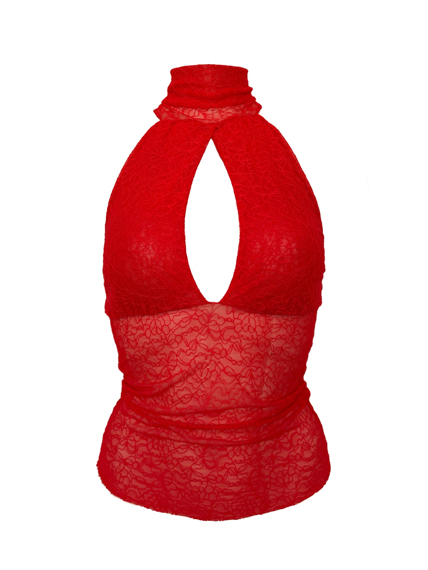 Handmade Melancholic Lace Mesh Neckholder Tank Top With Turtleneck - Red
