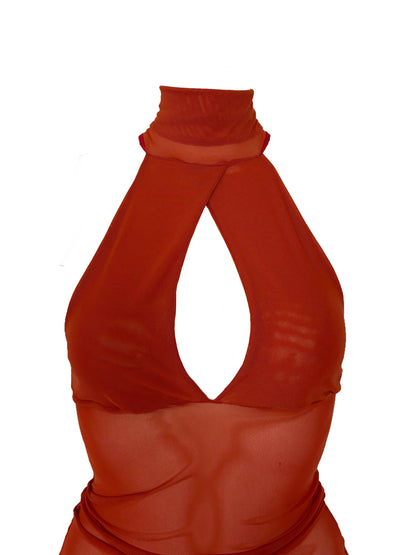 Handmade Melancholic Wrap Over Mesh Neckholder Tank Top Shirt Turtleneck - Terra