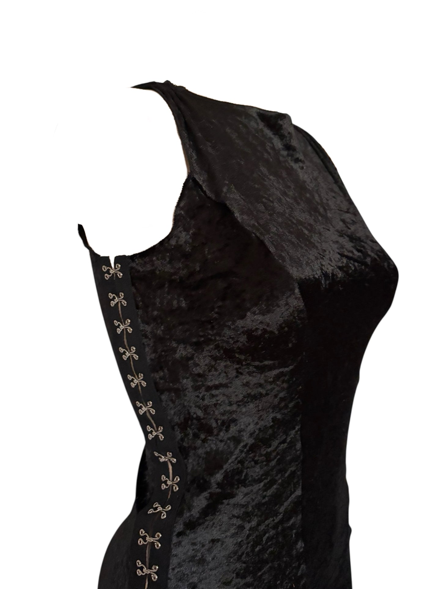 Handmade Asymmetrical Etui Dress with Volants and Hocks Made Of Velvet