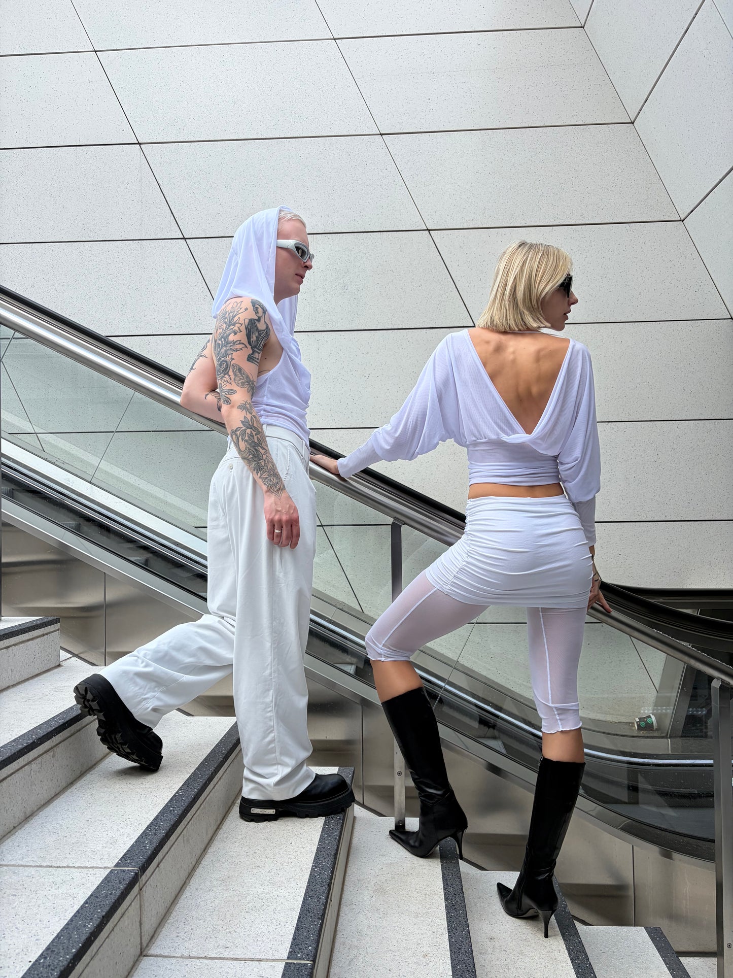 Handmade Mesh Leggings With Ruffled Viscose Mini Skirt - White