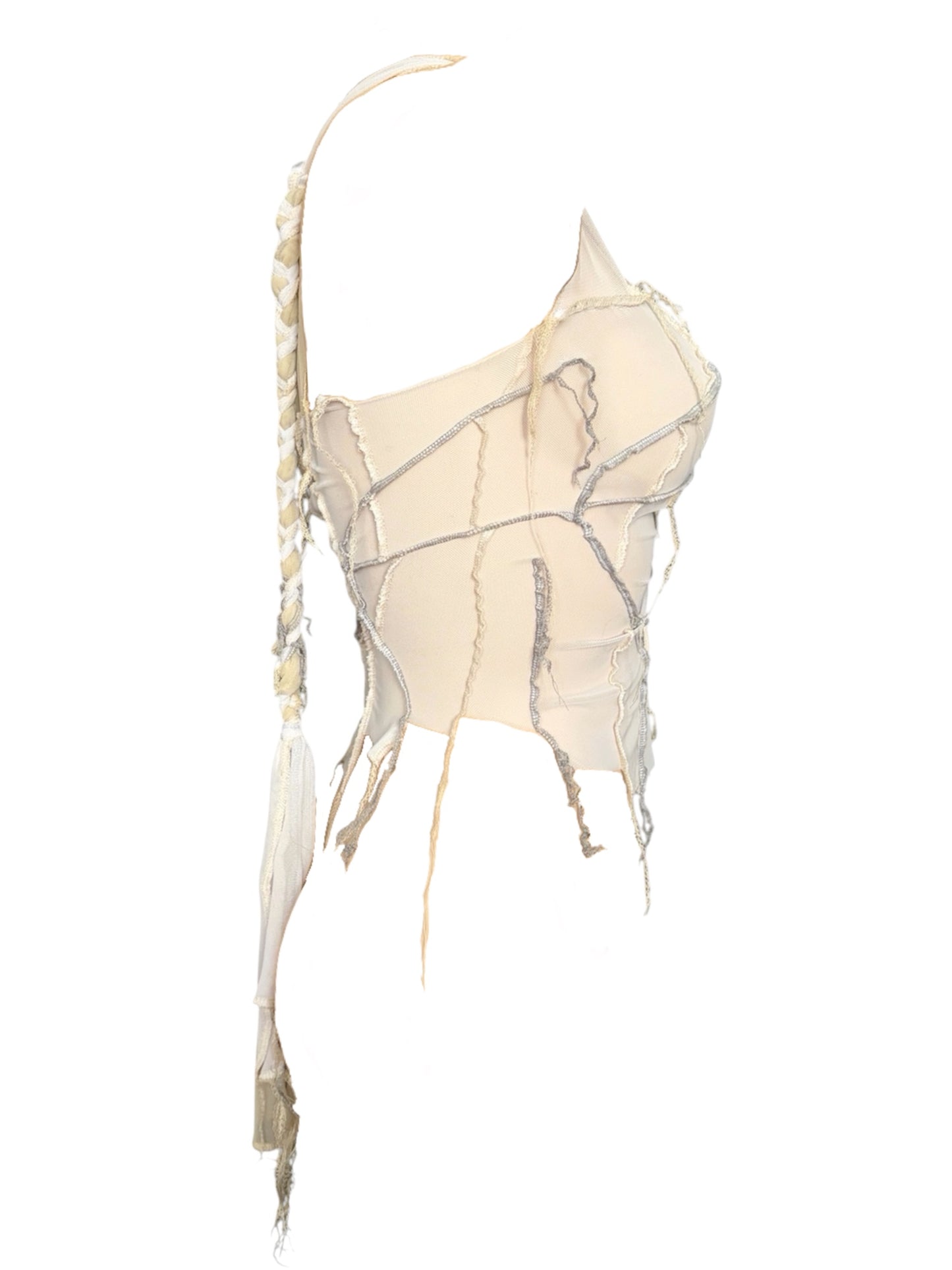 Handmade Destructive Corsage Top Nylon Mesh With Overlock Seams and Super Long Braided Strap - White / Creme