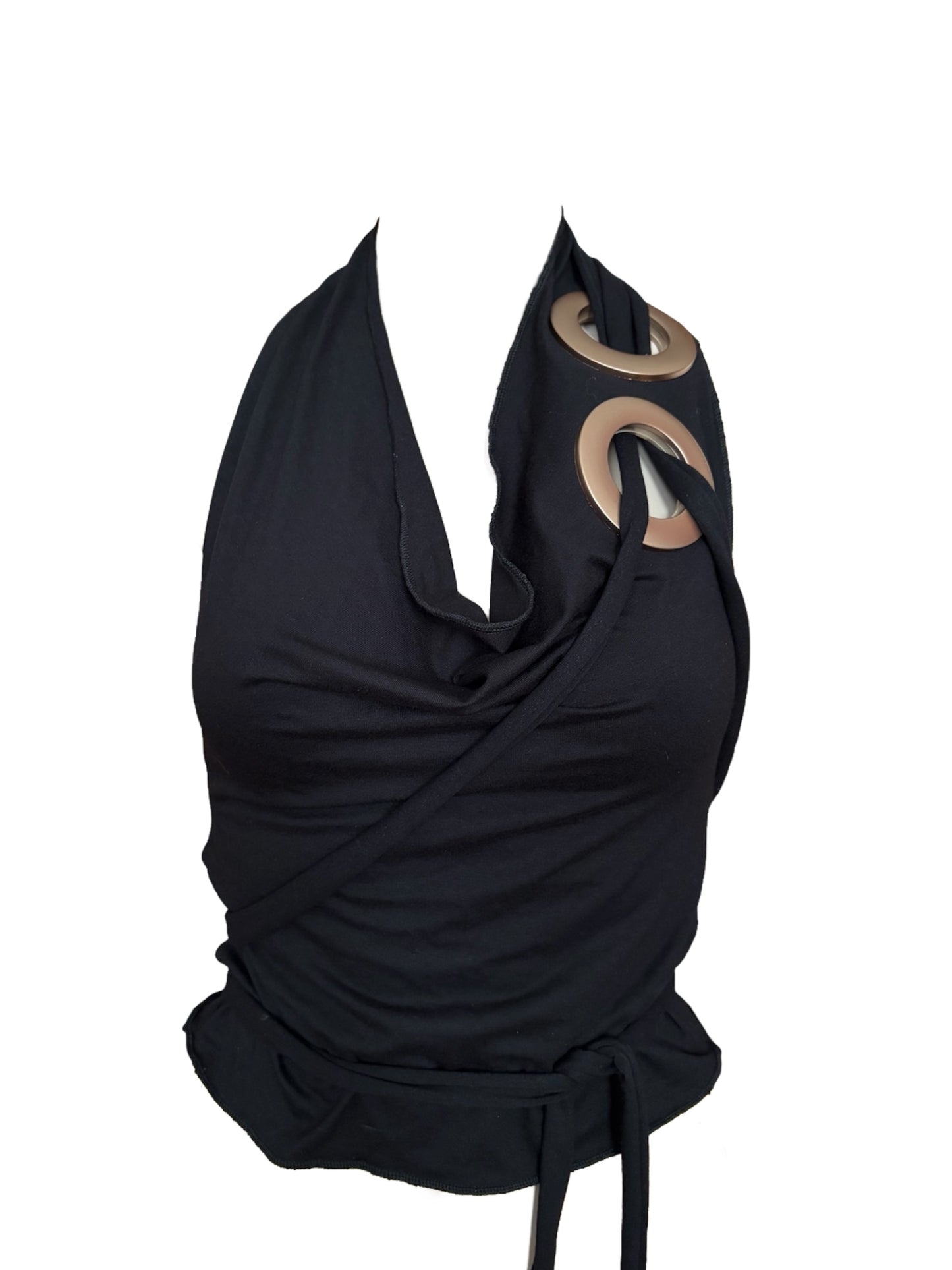 Handmade Viscose Set - Neckholder Waterfall Collar Top and Layered Miniskirt; Super Long Cords And Extra Large Eyelets - Black